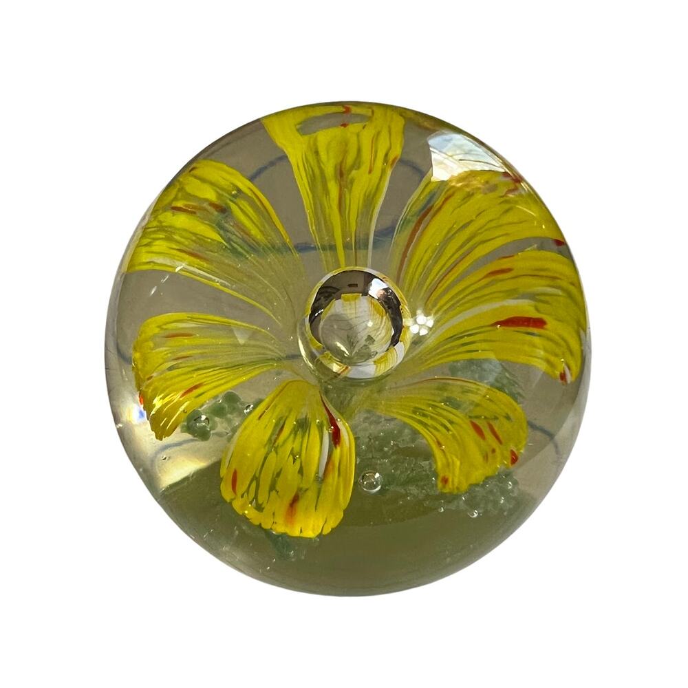 Vintage Stunning Yellow Flower Bubble Center Green Sparkle Leaves